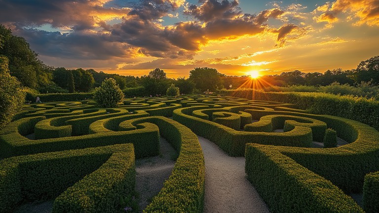 Exploring a Green Labyrinth at Sunset: A Serene Garden Maze Adventure during Golden Hour